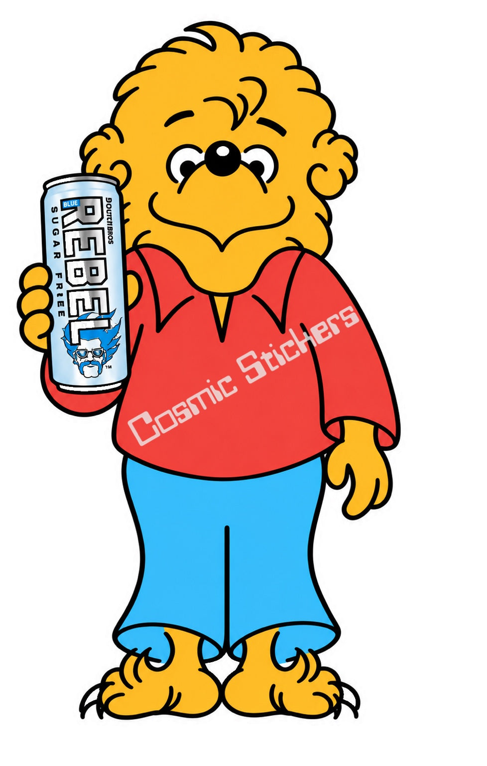 Fan-made Berenstain Bears Brother Bear holding a sugar-free Dutch Bros Rebel can