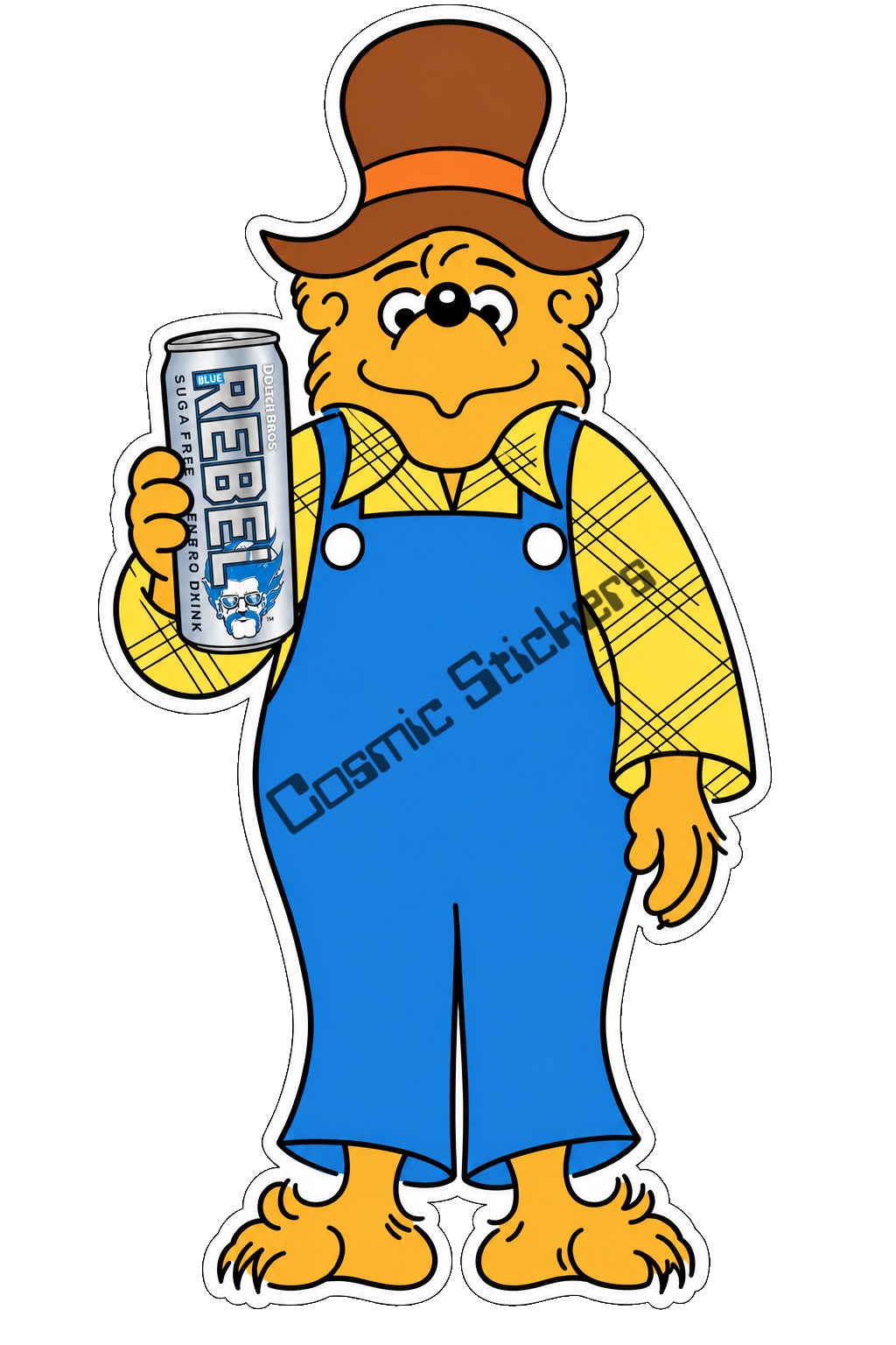 Fan-made Berenstain Bears Papa Bear holding a sugar-free Dutch Bros Rebel can