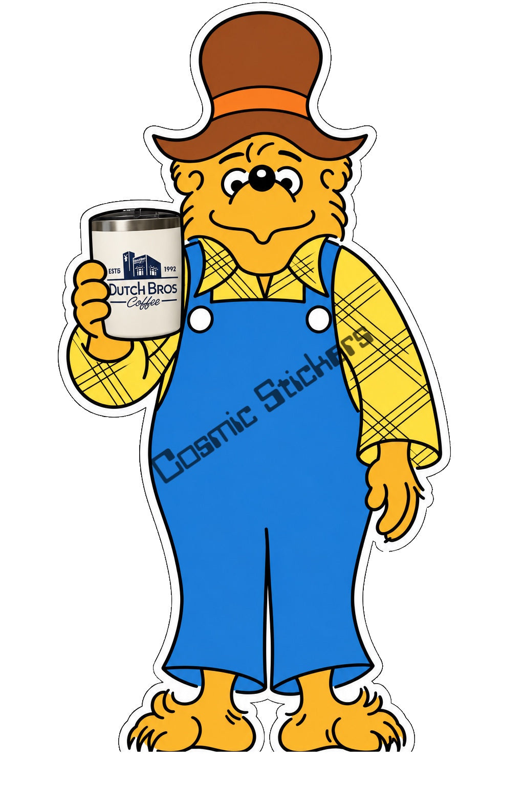 Fan-made Berenstain Bears Papa Bear holding a Dutch Bros travel tumbler