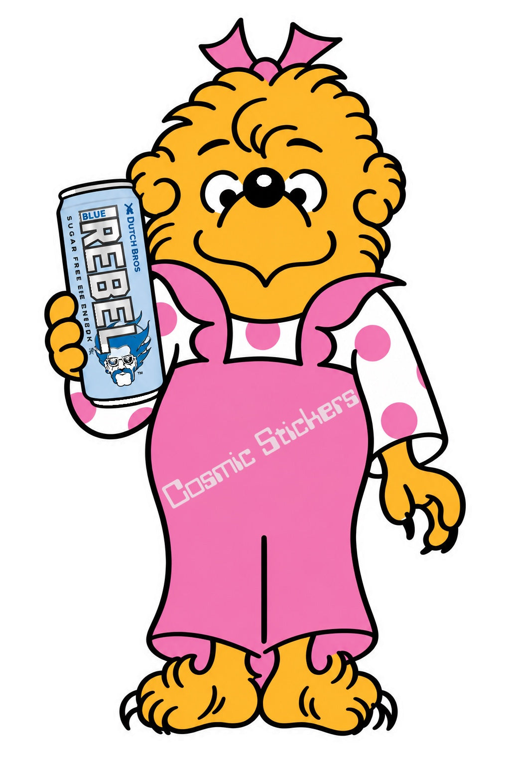 Fan-made Berenstain Bears Sister Bear holding a sugar-free Dutch Bros Rebel can