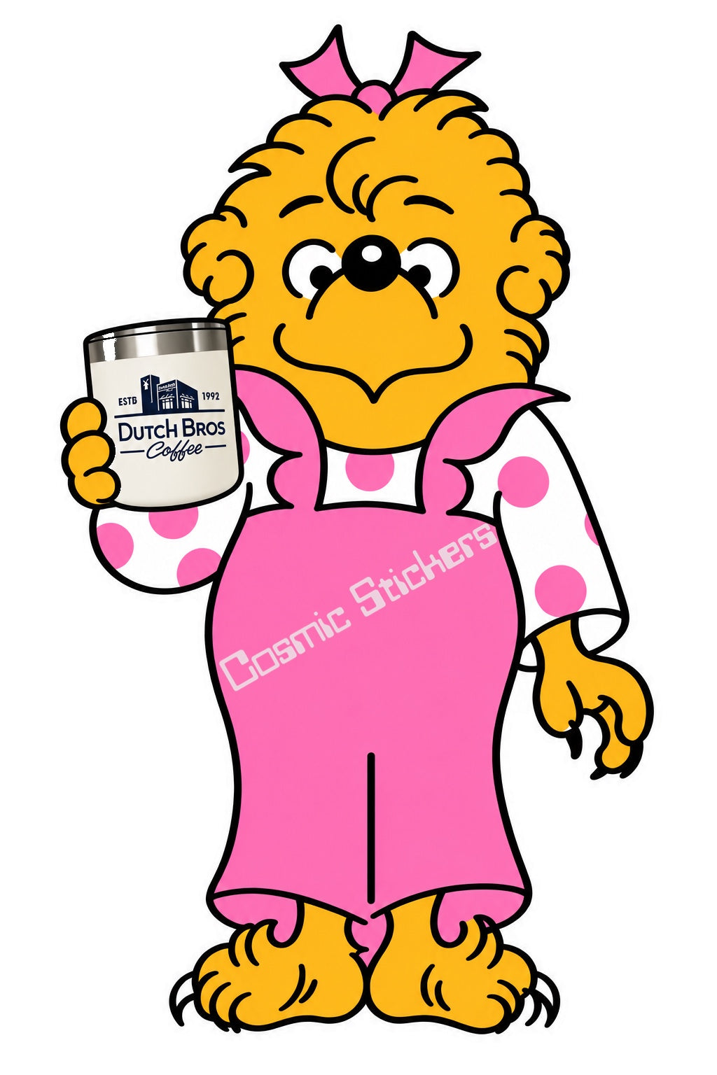 Fan-made Berenstain Bears Sister Bear holding a Dutch Bros travel tumbler