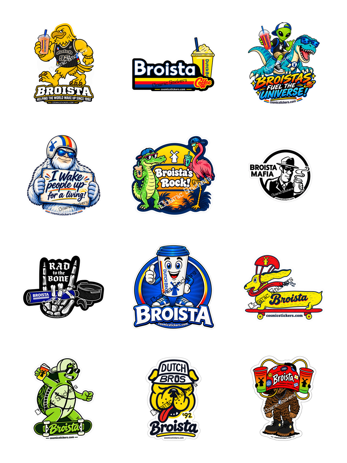 Broista Appreciation Complete 12-Pack showing all twelve Broista sticker designs