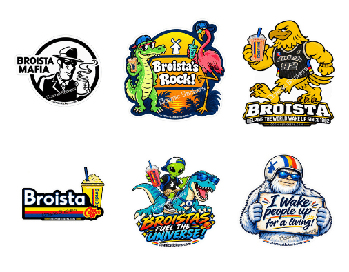 Broista Appreciation Variety 6-Pack with six equally sized sticker designs including corrected Broista's Rock art