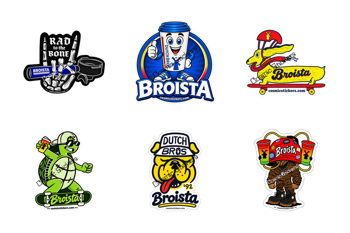 Broista Appreciation Variety 6-Pack Set 2 showing six different Broista sticker designs