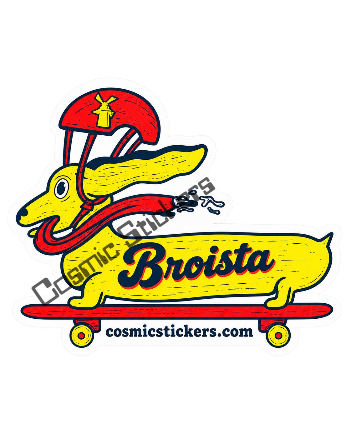 Fan-made Broista dachshund skateboard sticker with cosmicstickers.com branding