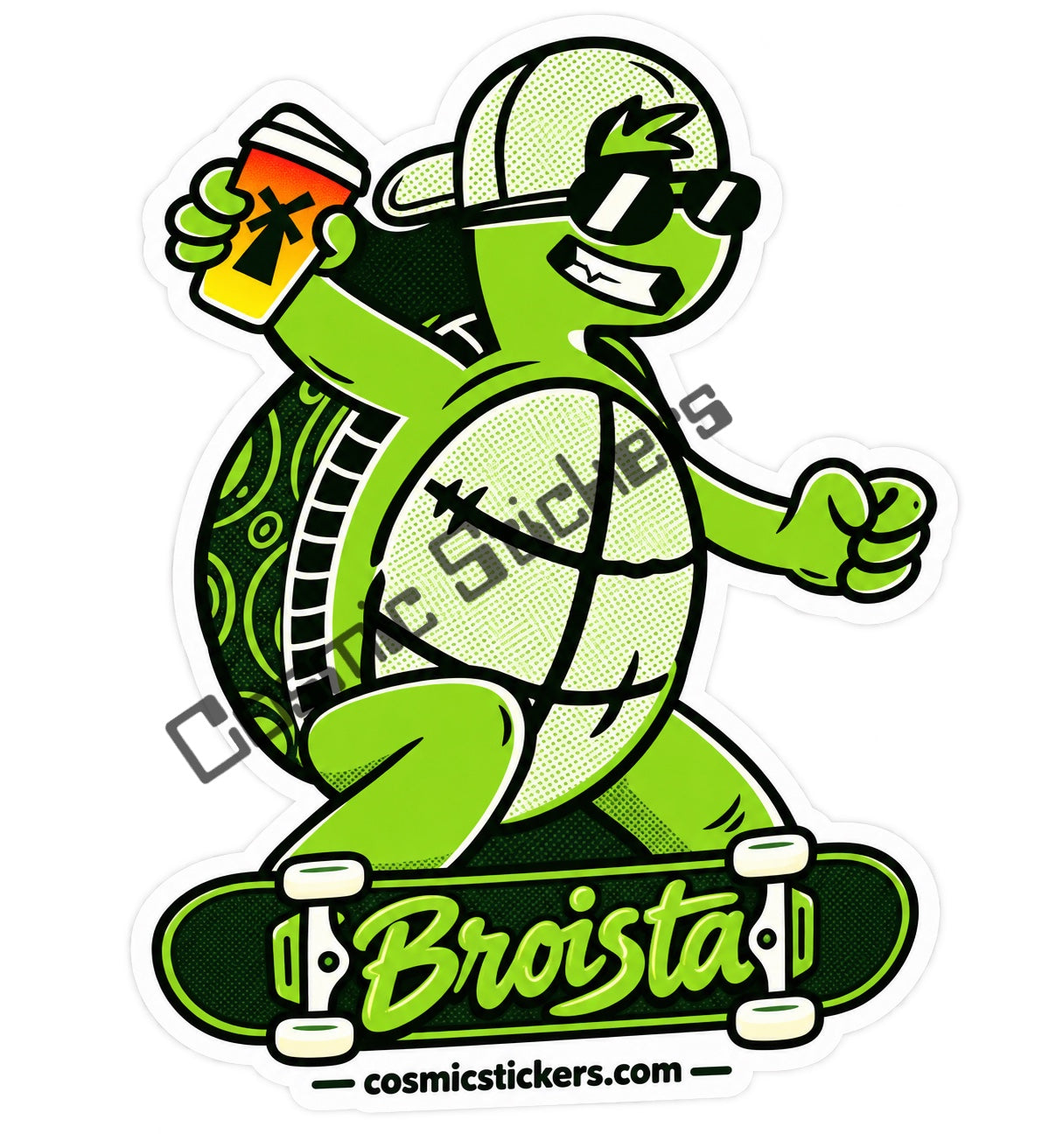 Fan-made Broista turtle skateboard sticker with cosmicstickers.com branding