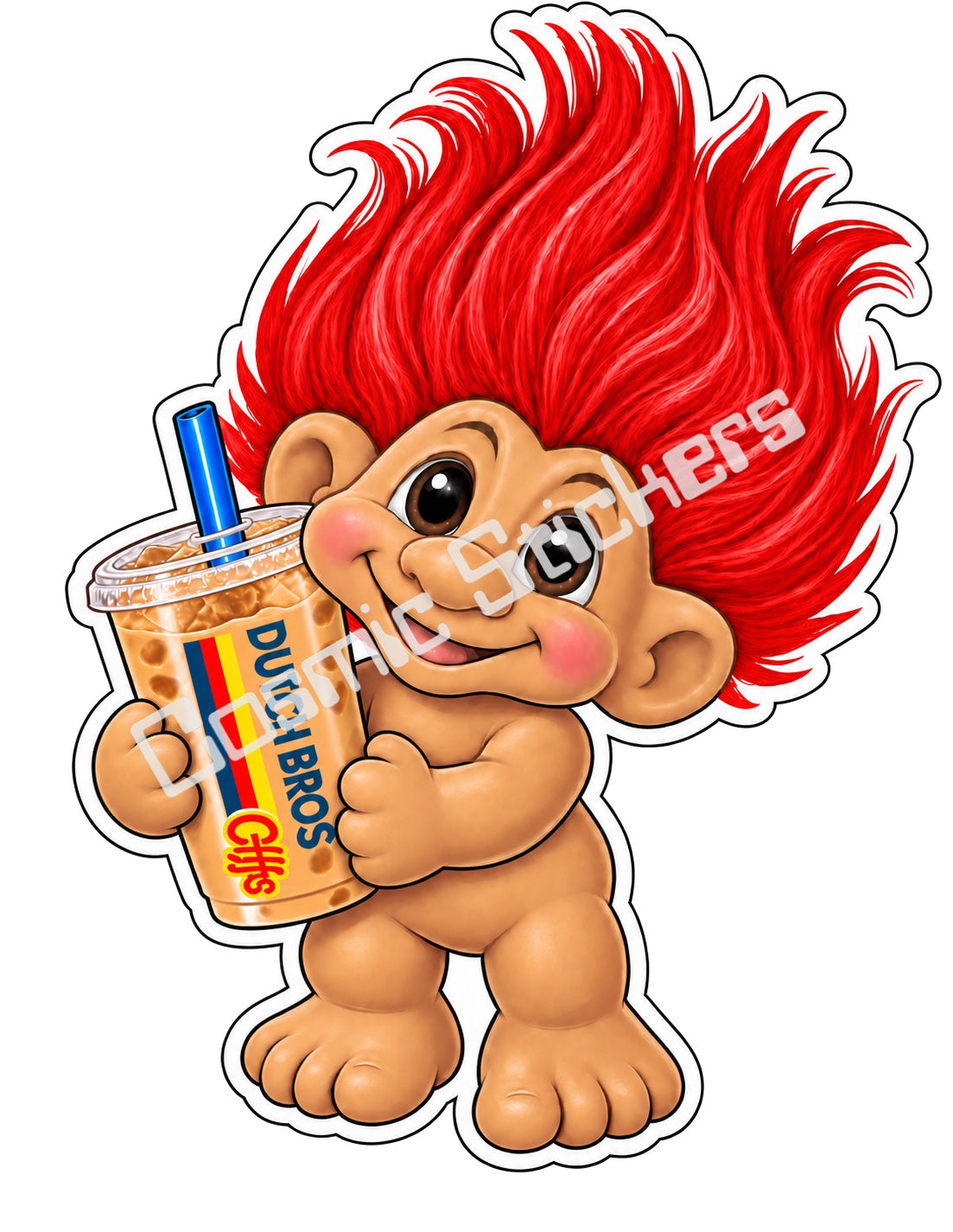 Fan-made red hair troll with iced coffee vinyl sticker by Cosmic Stickers