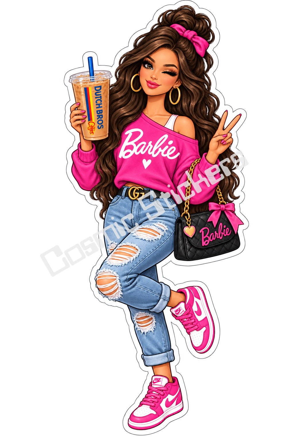 Fan-made Barbie brunette casual iced coffee vinyl sticker by Cosmic Stickers