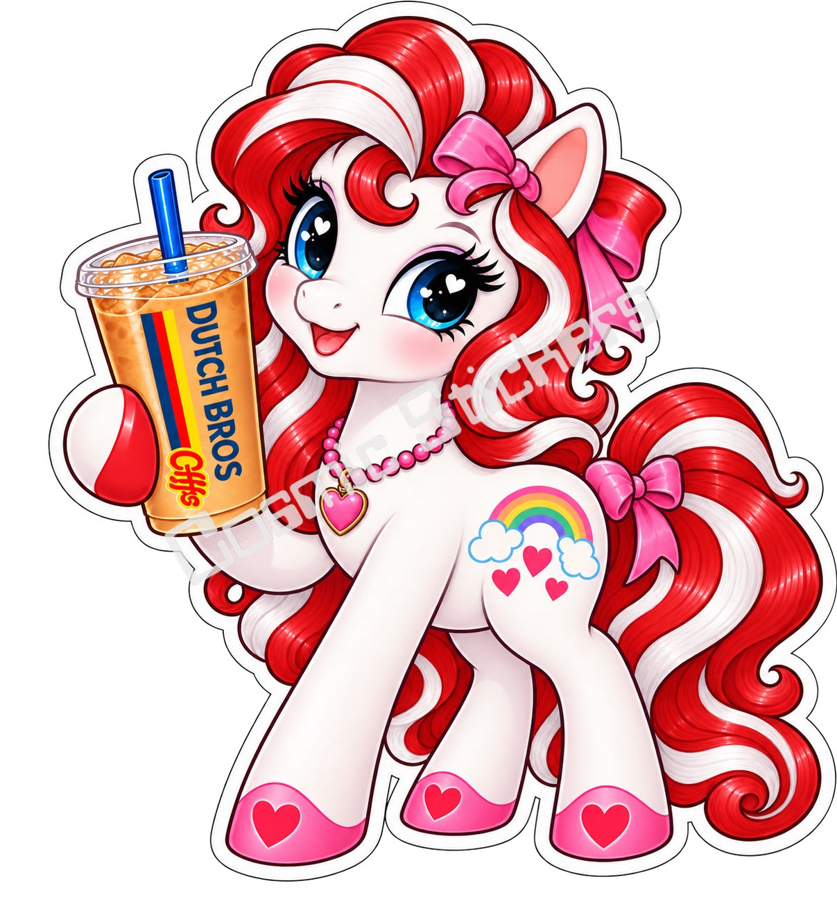 Fan-made rainbow pony red and white hair iced coffee vinyl sticker by Cosmic Stickers