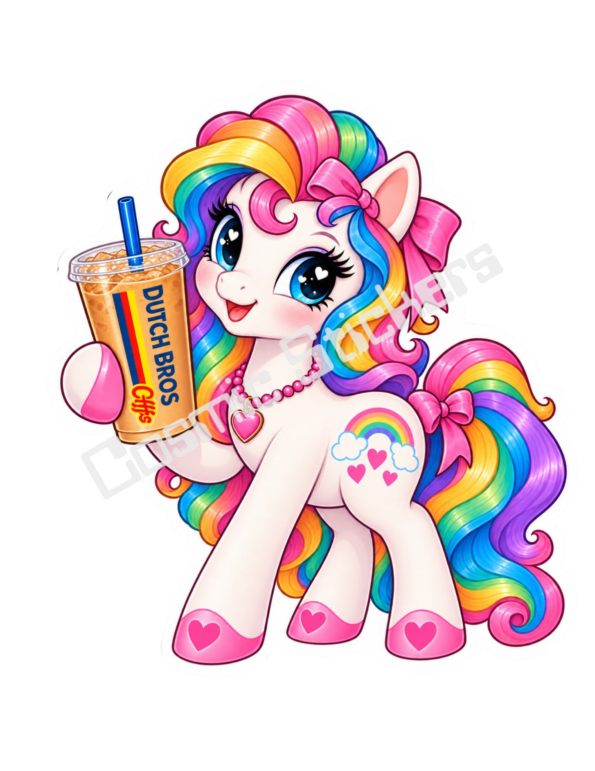 Fan-made rainbow pony rainbow hair white body iced coffee vinyl sticker by Cosmic Stickers