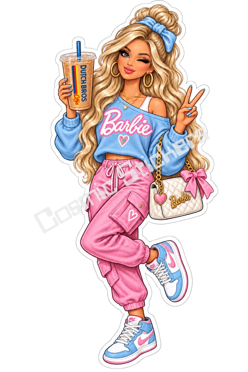 Fan-made Barbie blonde blue and pink casual iced coffee vinyl sticker by Cosmic Stickers