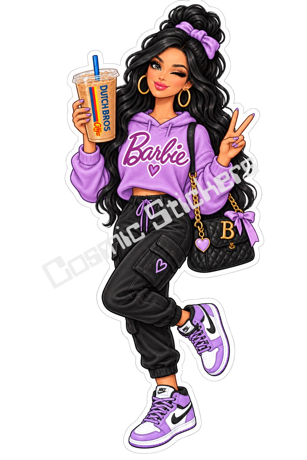 Fan-made Barbie black hair purple outfit iced coffee vinyl sticker by Cosmic Stickers