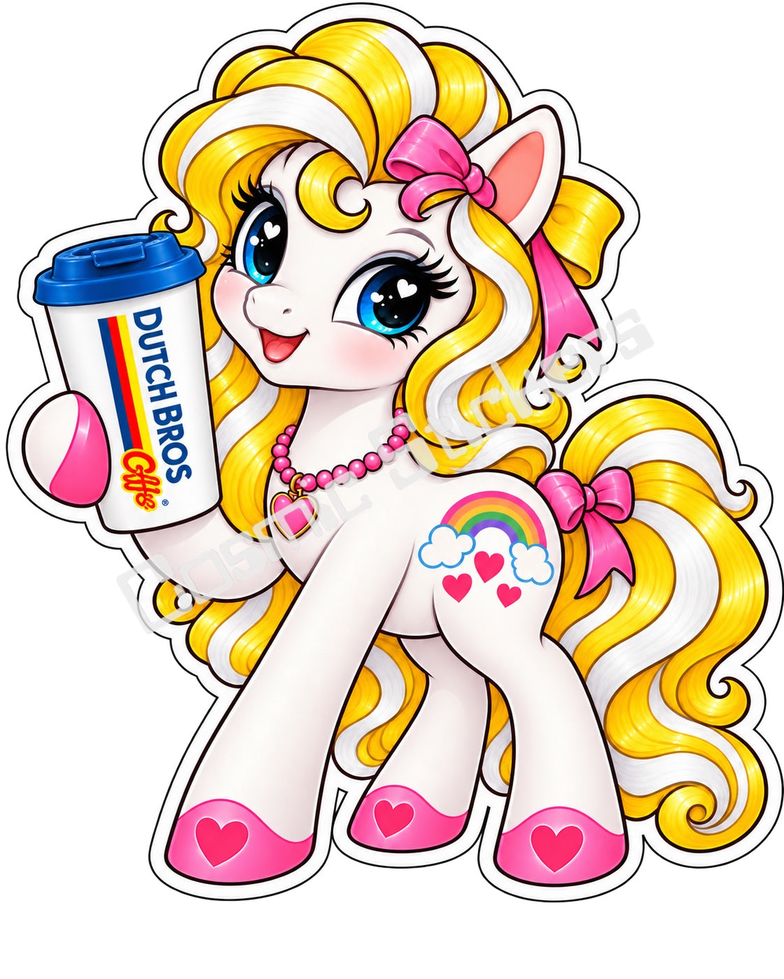 Fan-made rainbow pony yellow and white hair hot coffee vinyl sticker by Cosmic Stickers