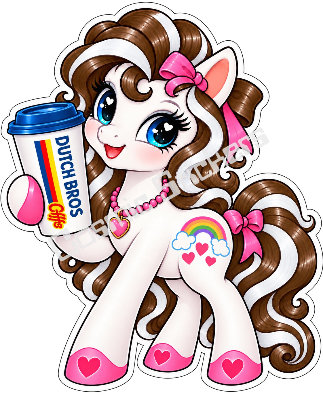 Fan-made rainbow pony brown and white hair hot coffee vinyl sticker by Cosmic Stickers
