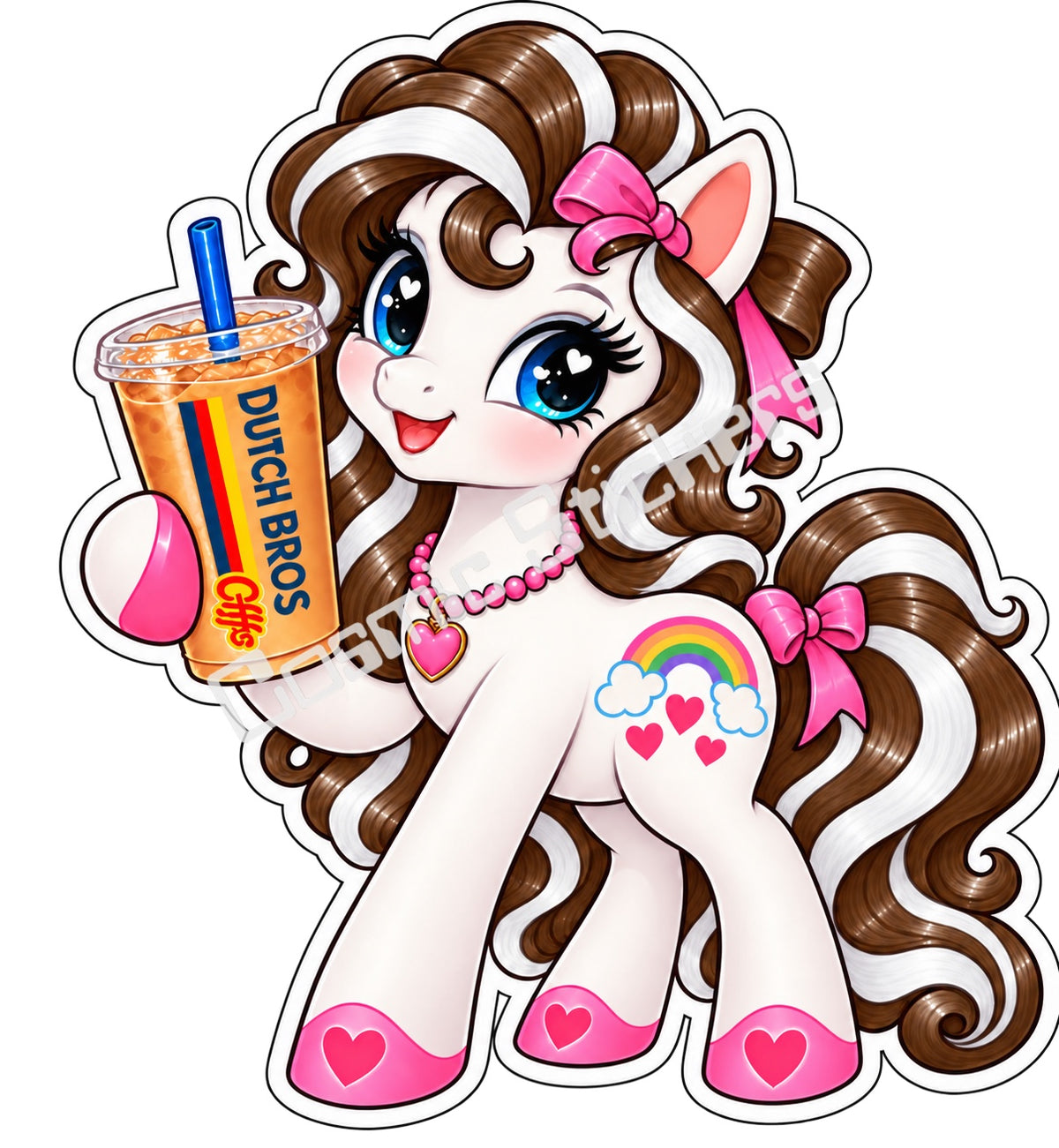Fan-made rainbow pony brown and white hair iced coffee vinyl sticker by Cosmic Stickers
