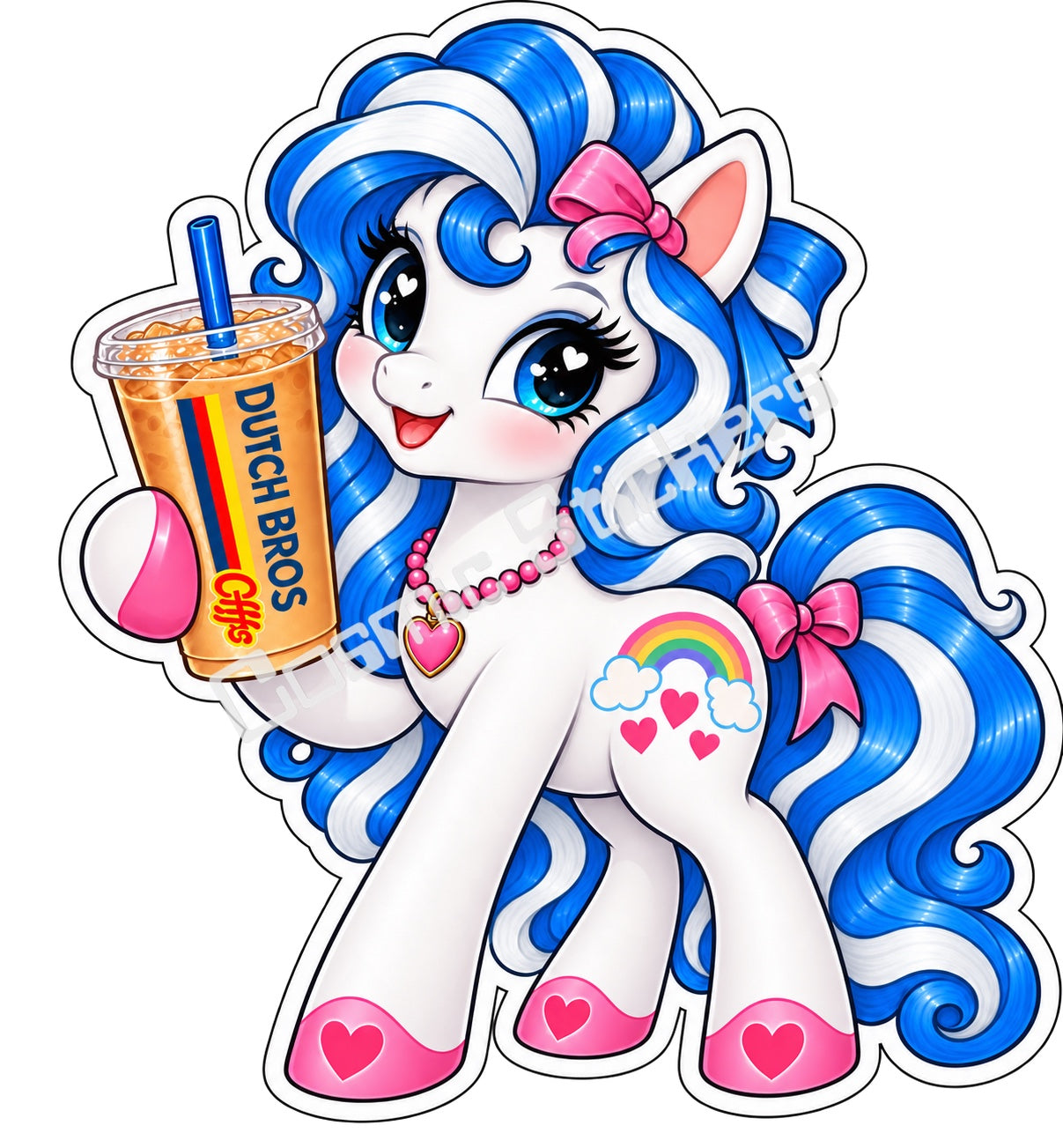 Fan-made rainbow pony blue and white hair iced coffee vinyl sticker by Cosmic Stickers