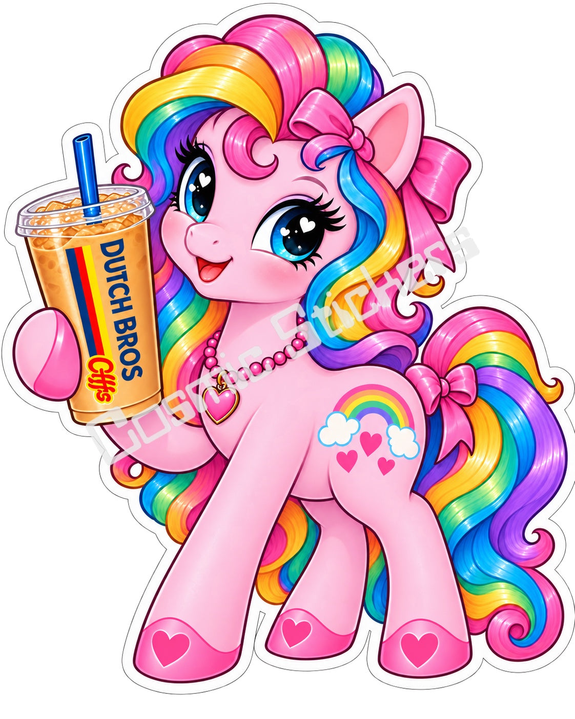 Fan-made rainbow pony rainbow hair white body iced coffee vinyl sticker by Cosmic Stickers
