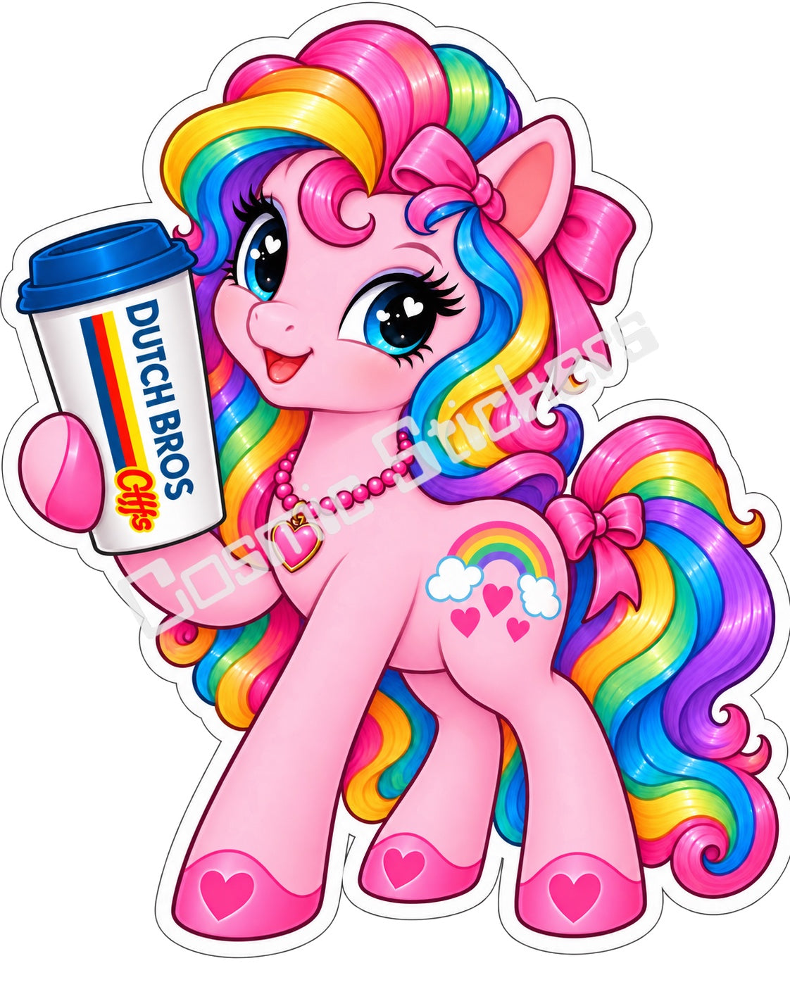 Fan-made rainbow pony rainbow hair pink body hot coffee vinyl sticker by Cosmic Stickers