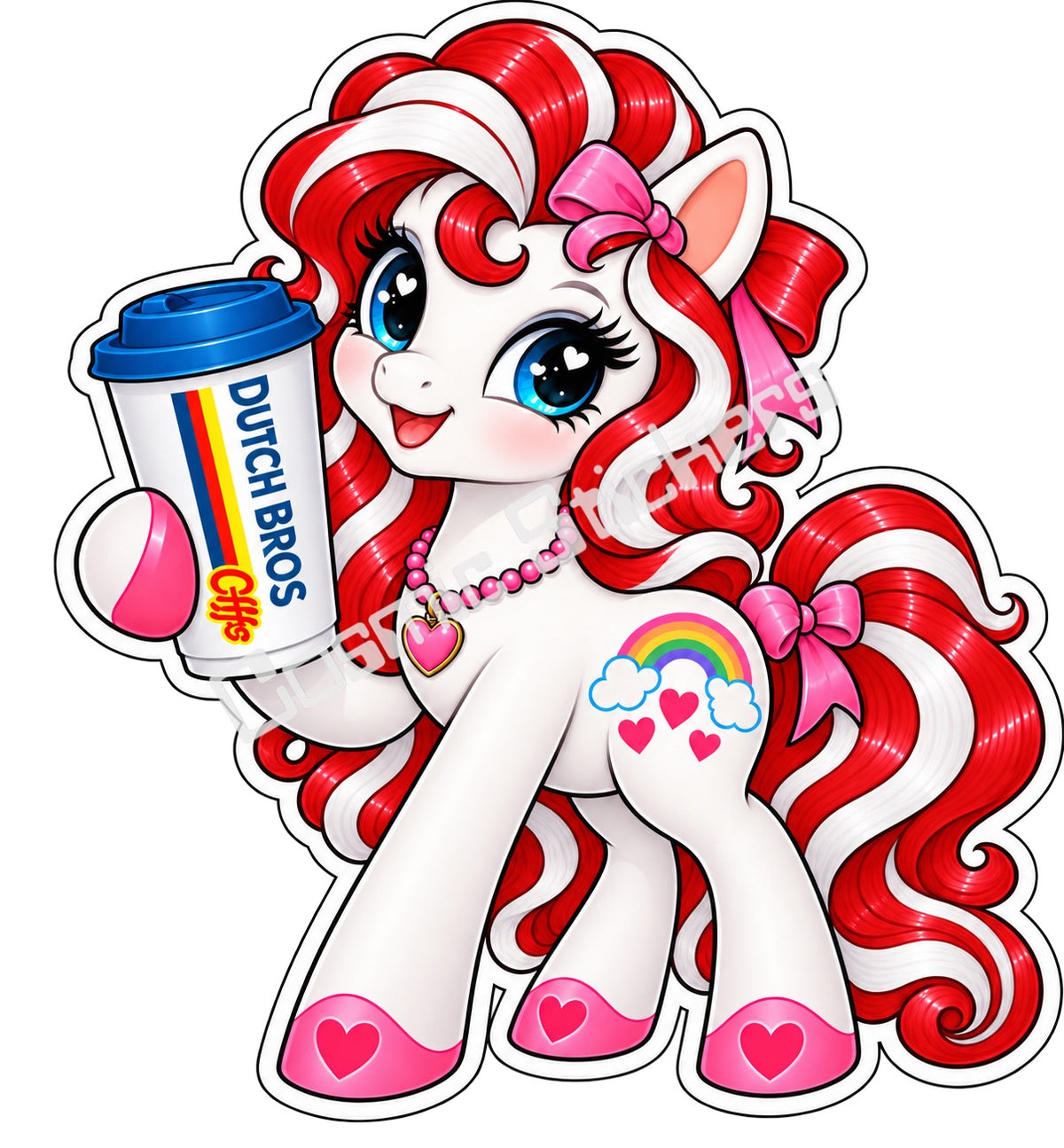 Fan-made rainbow pony red and white hair hot coffee vinyl sticker by Cosmic Stickers