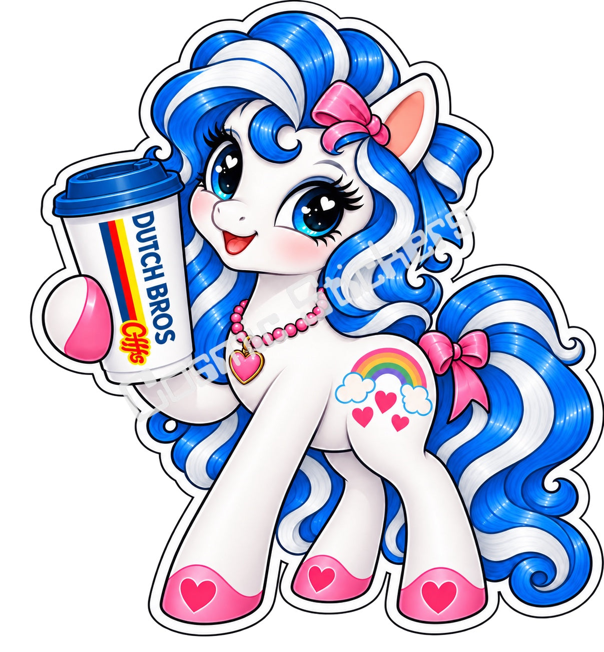 Fan-made rainbow pony blue and white hair hot coffee vinyl sticker by Cosmic Stickers