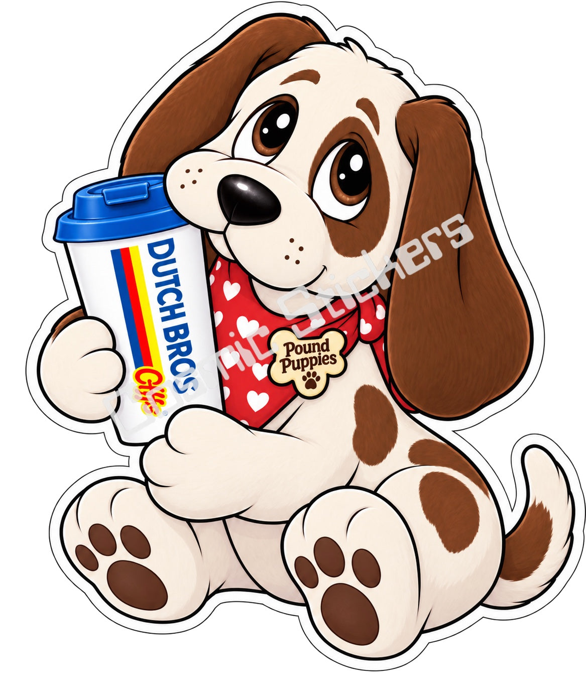 Fan-made Pound Puppies brown spotted hot coffee vinyl sticker by Cosmic Stickers