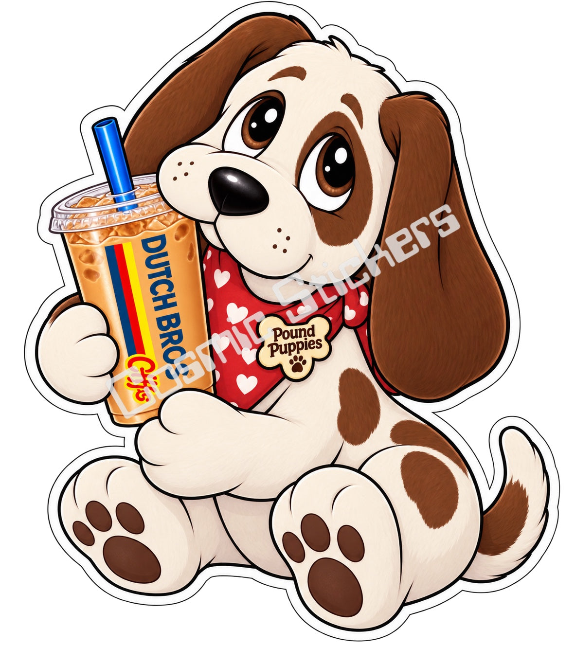Fan-made Pound Puppies brown spotted iced coffee vinyl sticker by Cosmic Stickers