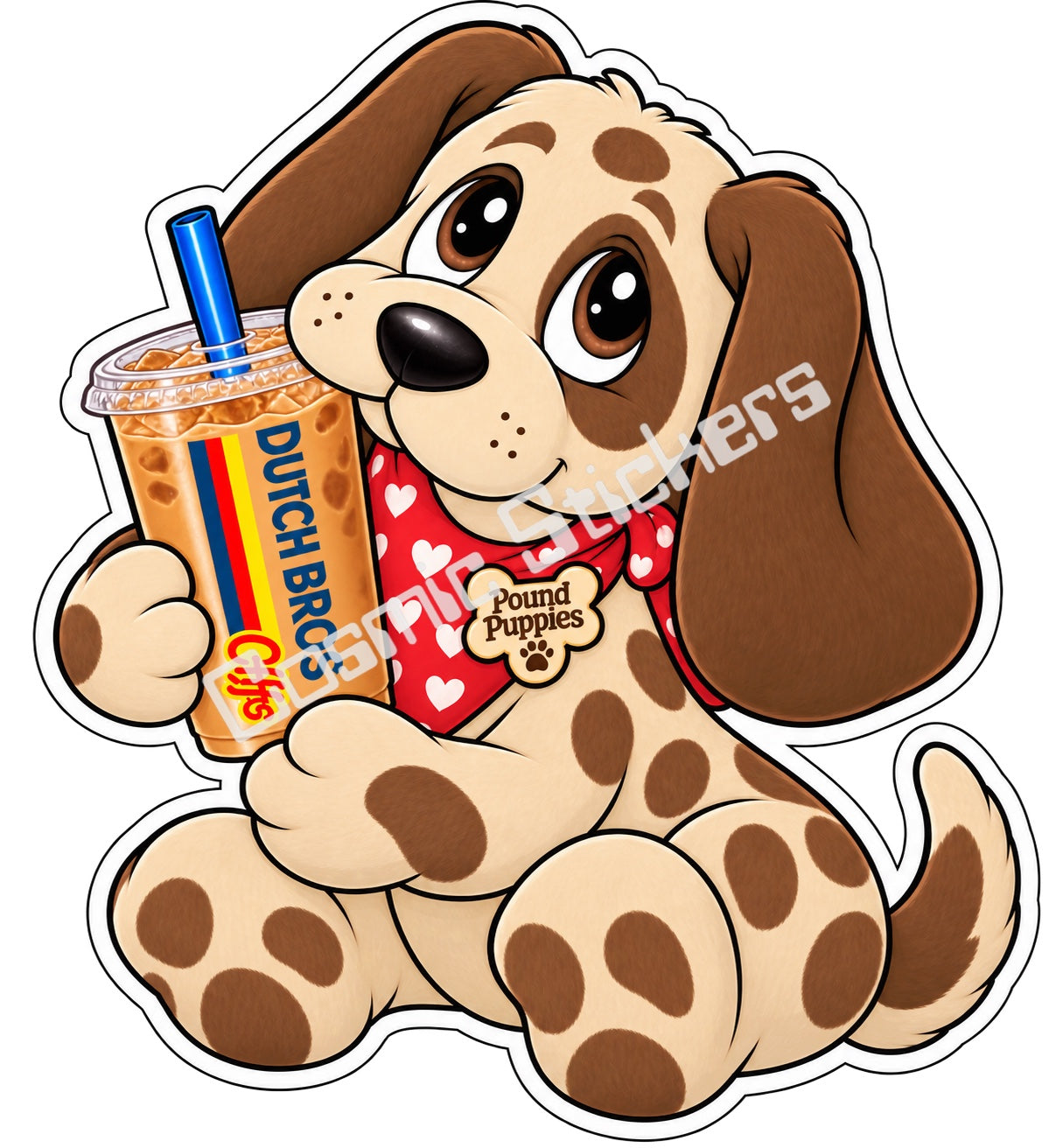 Fan-made Pound Puppies tan and light brown iced coffee vinyl sticker by Cosmic Stickers