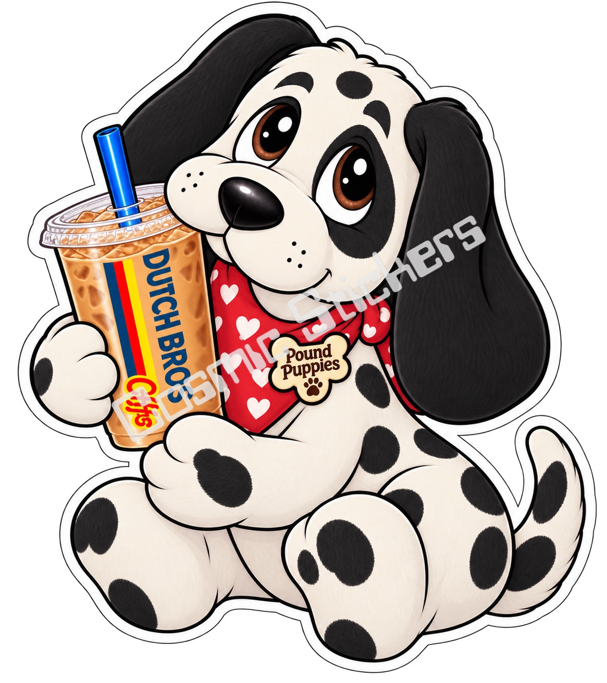 Fan-made Pound Puppies black and white spotted iced coffee vinyl sticker by Cosmic Stickers