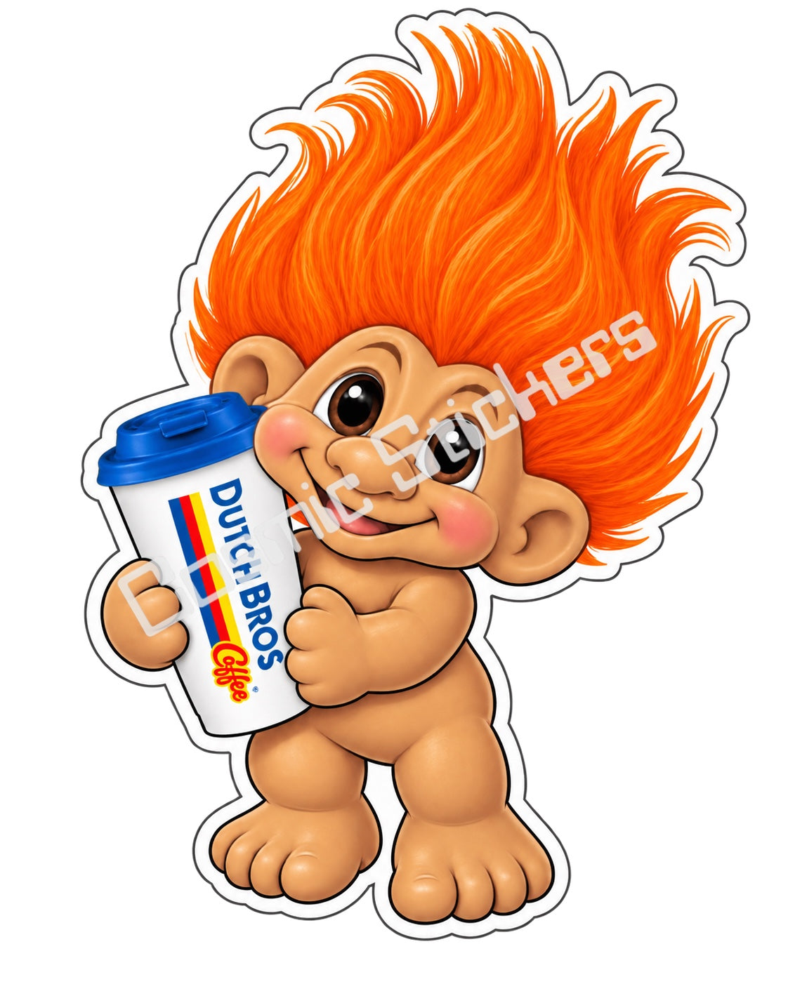 Fan-made orange hair Troll Doll hot coffee vinyl sticker by Cosmic Stickers