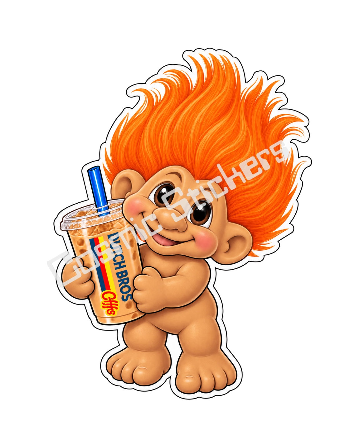 Fan-made orange hair Troll Doll iced coffee vinyl sticker by Cosmic Stickers