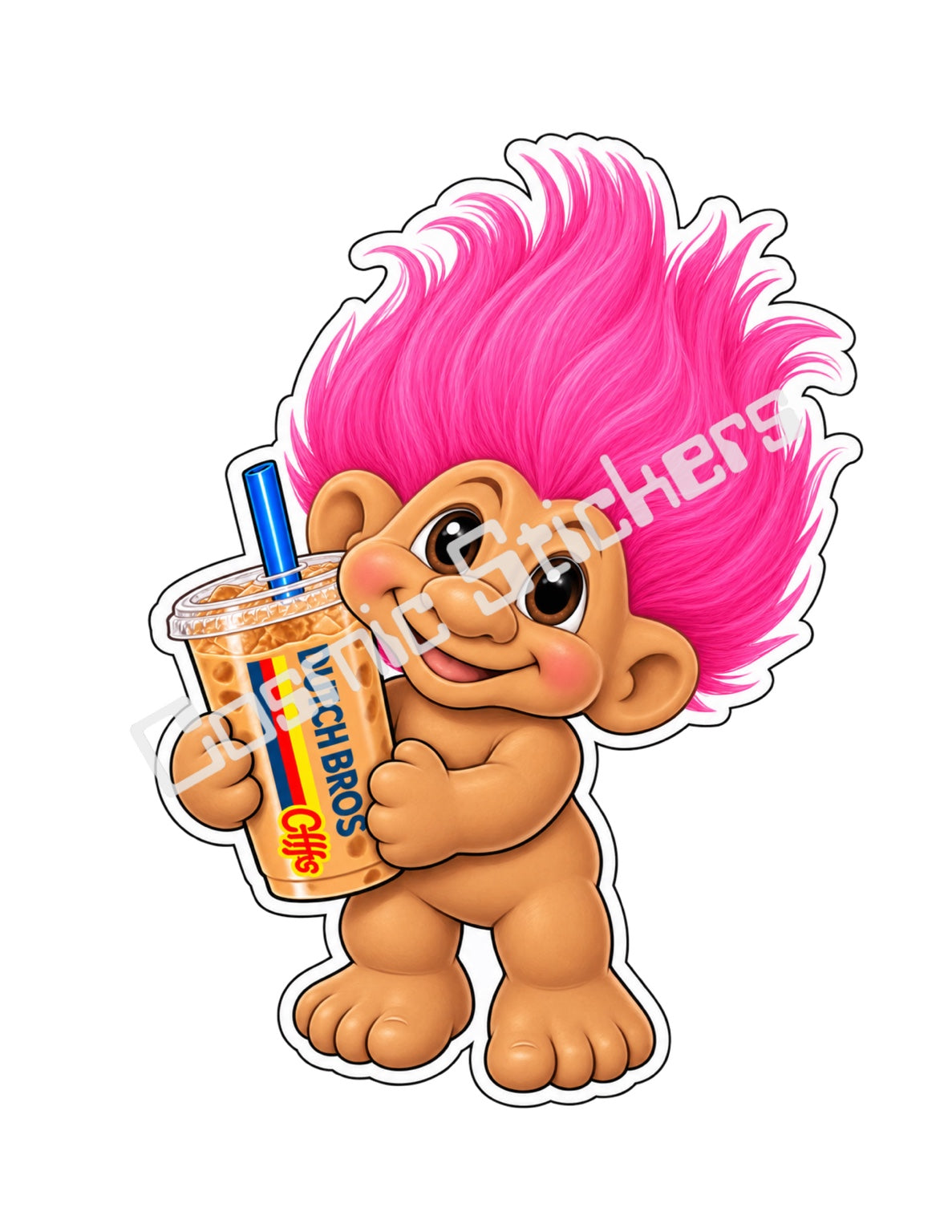 Fan-made pink hair Troll Doll iced coffee vinyl sticker by Cosmic Stickers