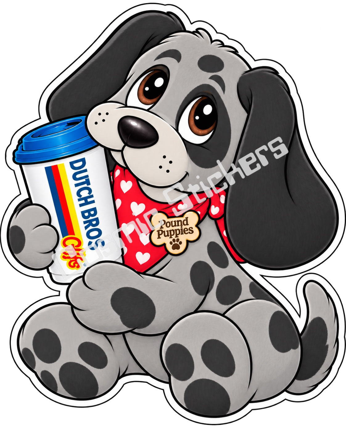 Fan-made Pound Puppies gray and black hot coffee vinyl sticker by Cosmic Stickers