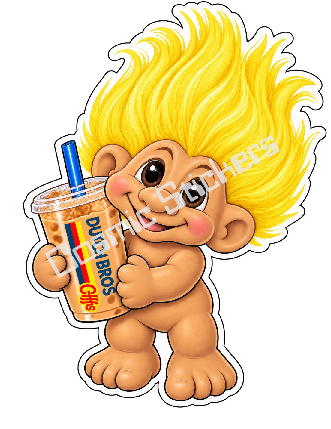 Fan-made yellow blonde hair Troll Doll iced coffee vinyl sticker by Cosmic Stickers