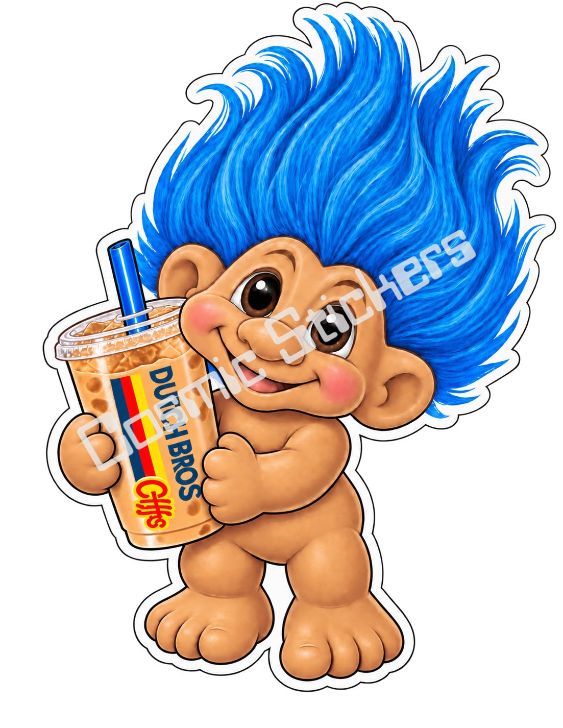 Fan-made blue hair Troll Doll iced coffee vinyl sticker by Cosmic Stickers