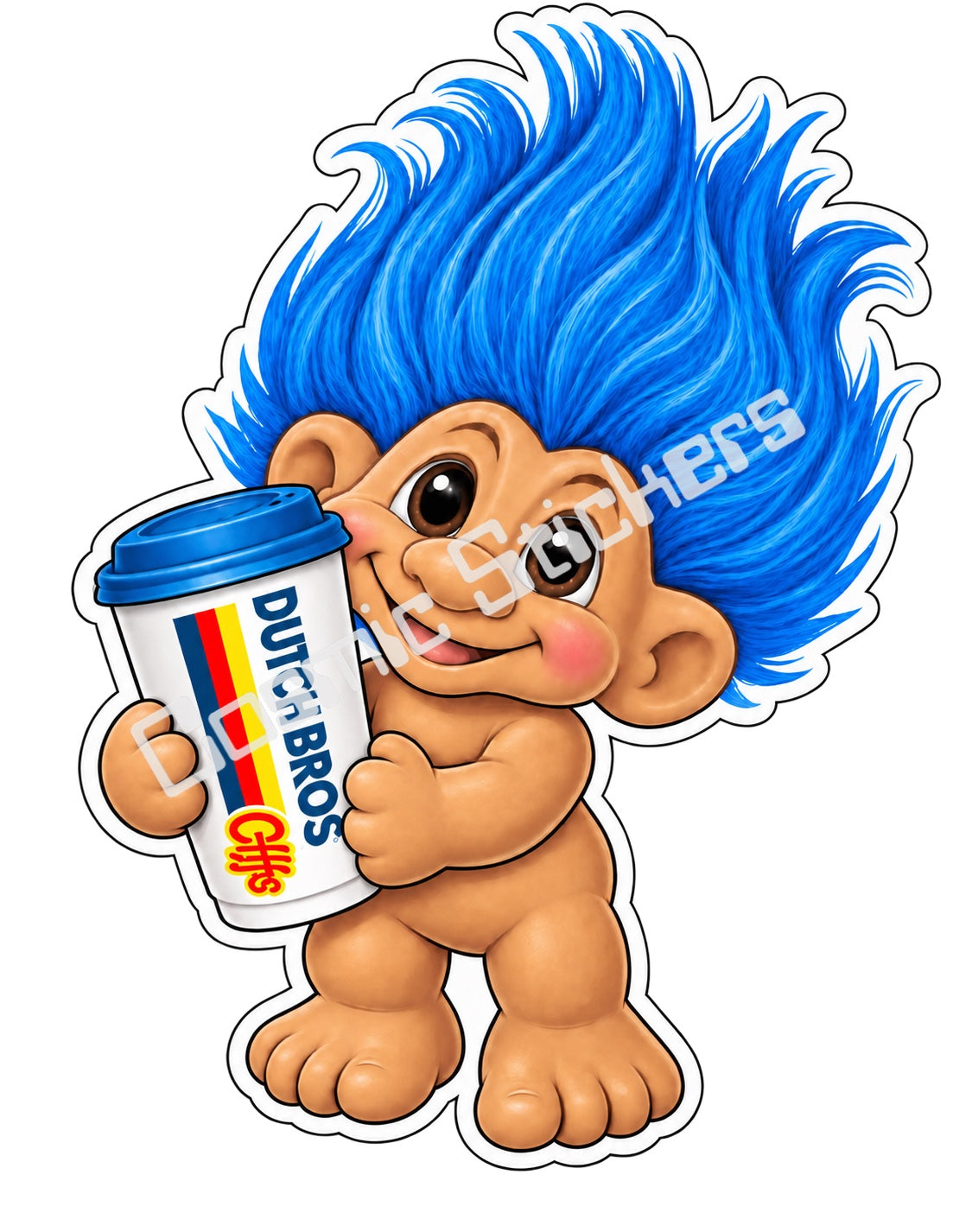 Fan-made blue hair Troll Doll hot coffee vinyl sticker by Cosmic Stickers