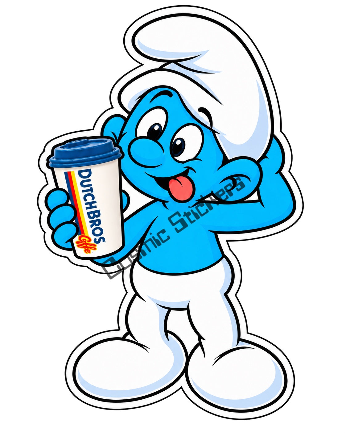 Fan-made Clumsy Smurf hot coffee vinyl sticker by Cosmic Stickers
