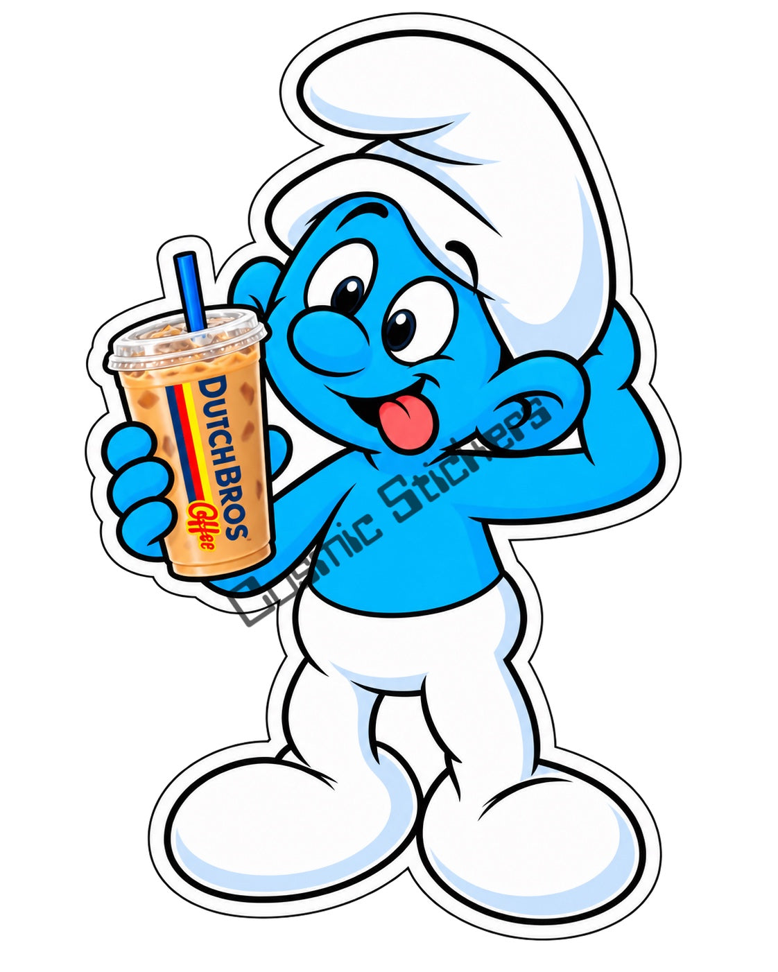 Fan-made Clumsy Smurf iced coffee vinyl sticker by Cosmic Stickers