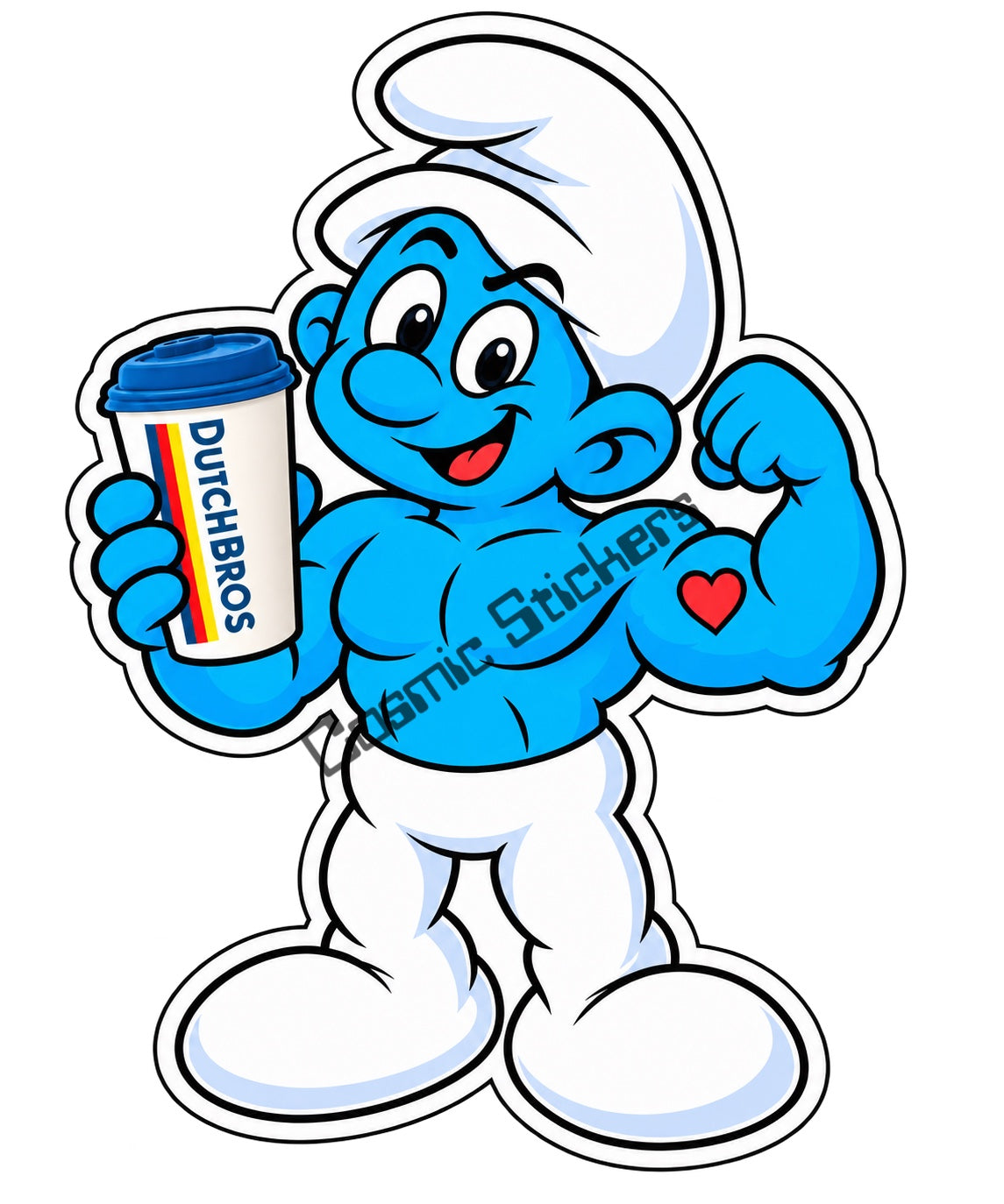 Fan-made Hefty Smurf hot coffee vinyl sticker by Cosmic Stickers