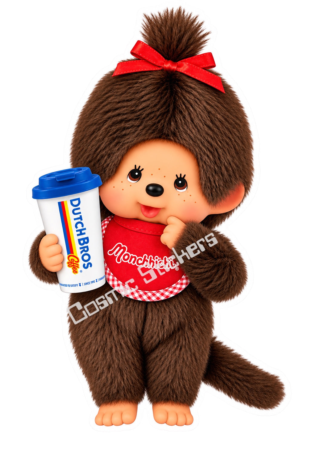 Fan-made Monchhichi girl red bow hot coffee vinyl sticker by Cosmic Stickers