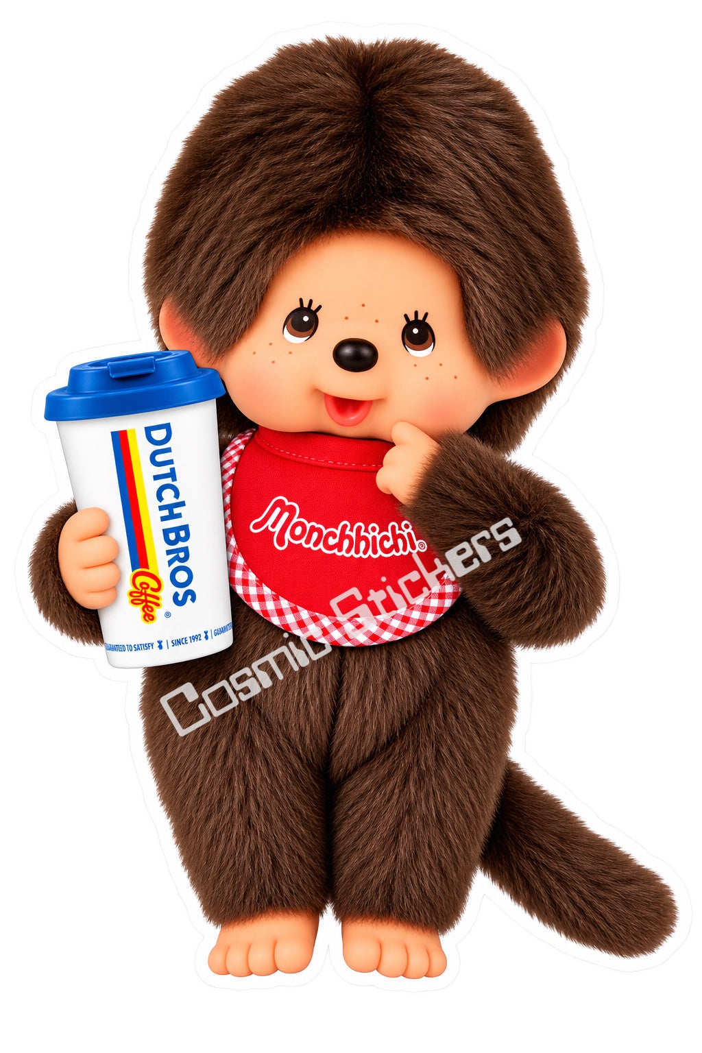 Fan-made Monchhichi hot coffee vinyl sticker by Cosmic Stickers