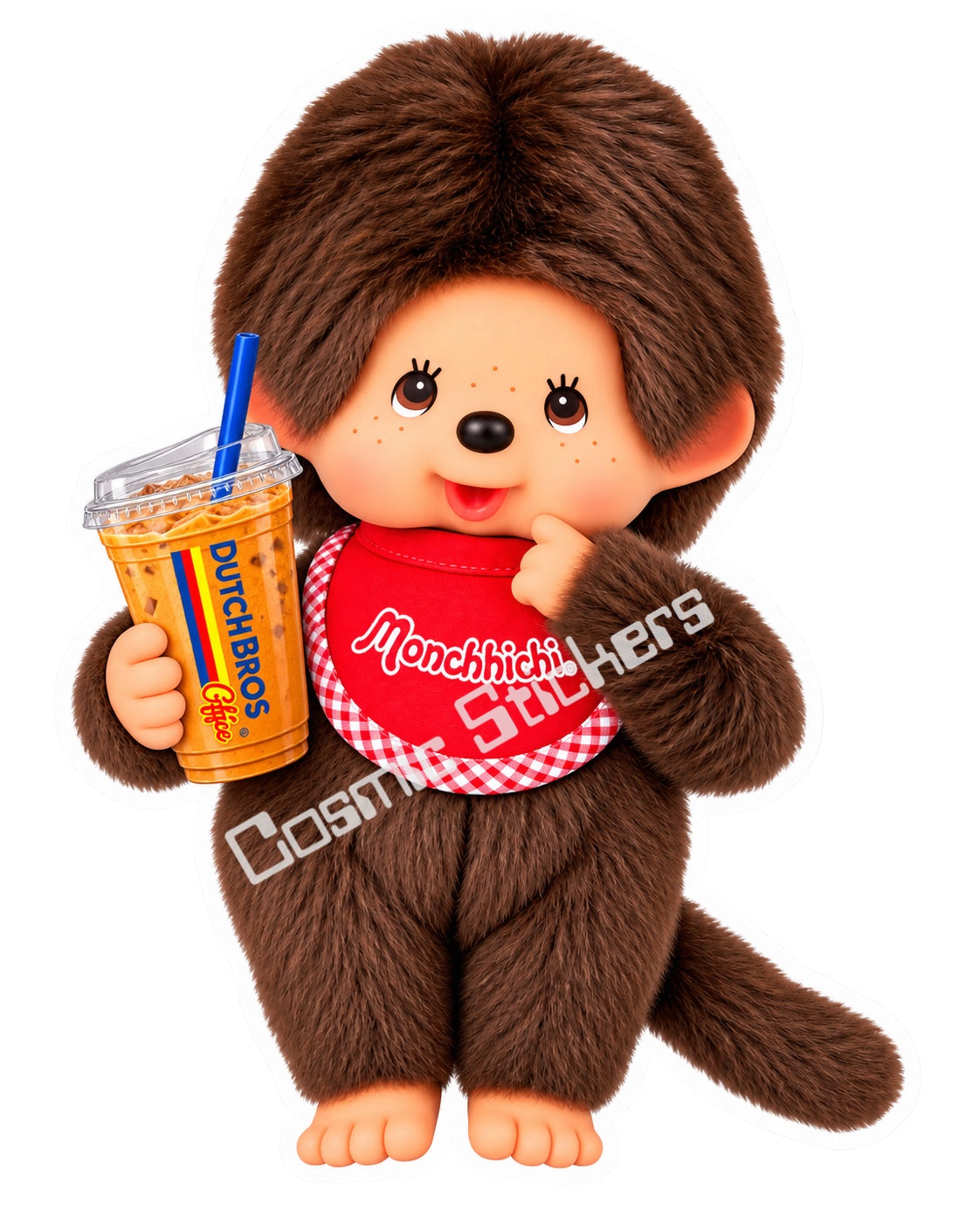 Fan-made Monchhichi iced coffee vinyl sticker by Cosmic Stickers