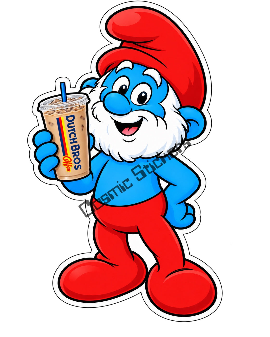 Fan-made Papa Smurf iced coffee vinyl sticker by Cosmic Stickers