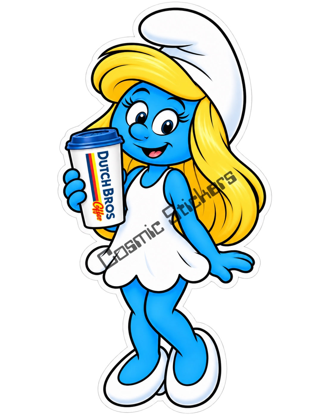 Fan-made Smurfette hot coffee vinyl sticker by Cosmic Stickers