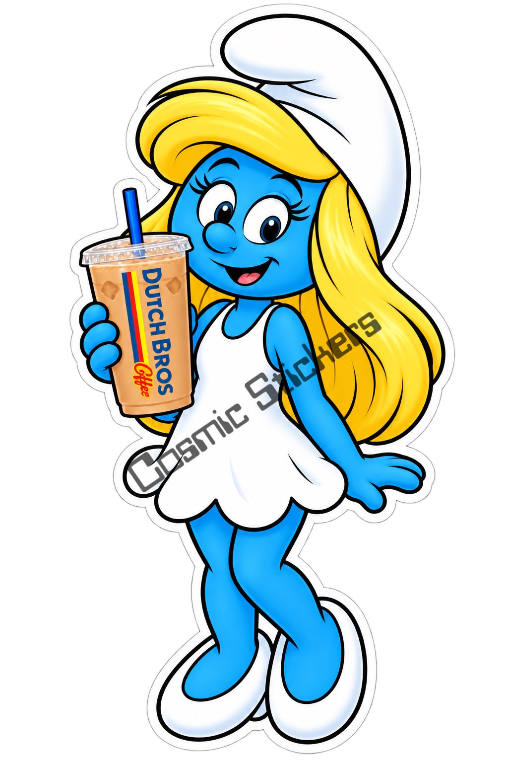 Fan-made Smurfette iced coffee vinyl sticker by Cosmic Stickers