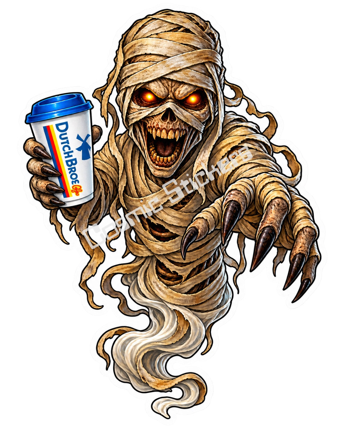 Fan-made ancient mummy ghost with hot coffee sticker artwork by Cosmic Stickers