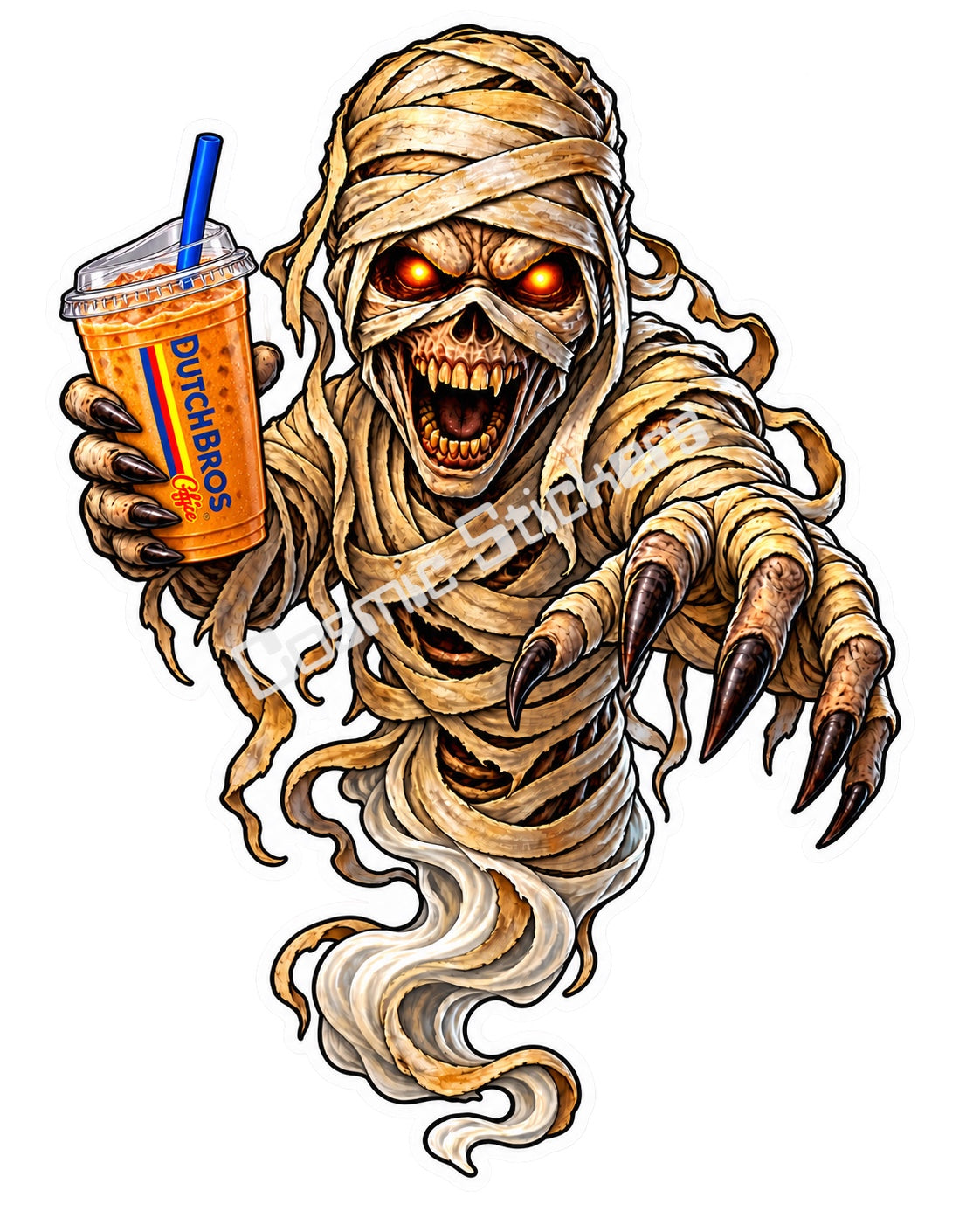 Fan-made ancient mummy ghost with iced coffee sticker artwork by Cosmic Stickers