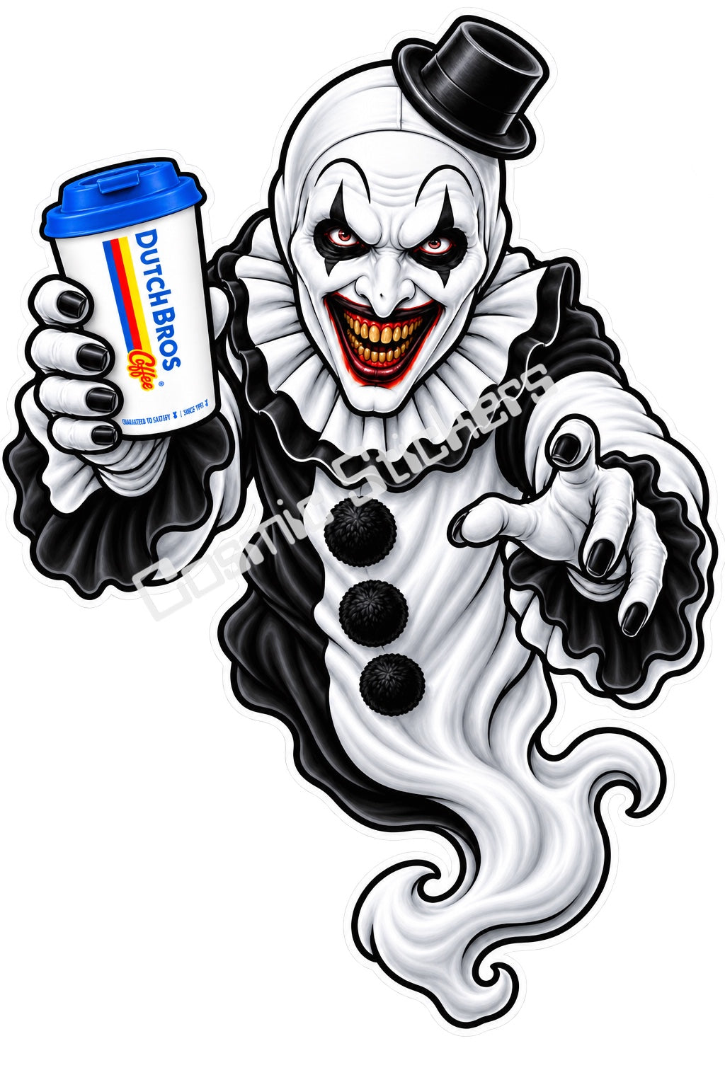 Fan-made black and white horror clown ghost with hot coffee sticker artwork by Cosmic Stickers