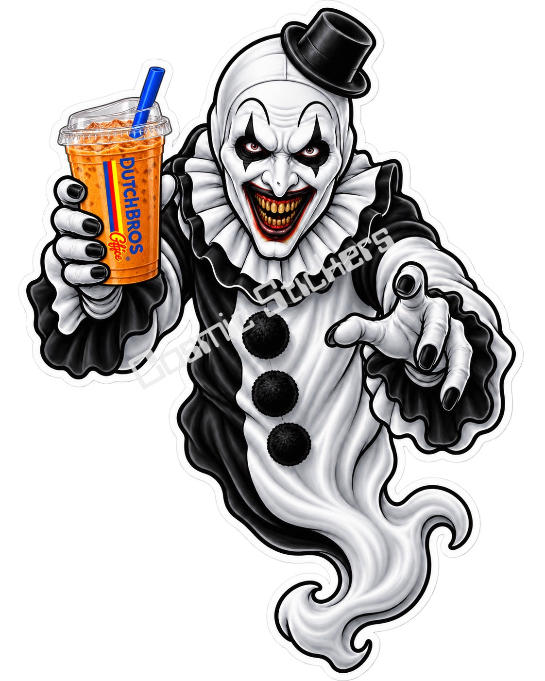 Fan-made black and white horror clown ghost with iced coffee sticker artwork by Cosmic Stickers