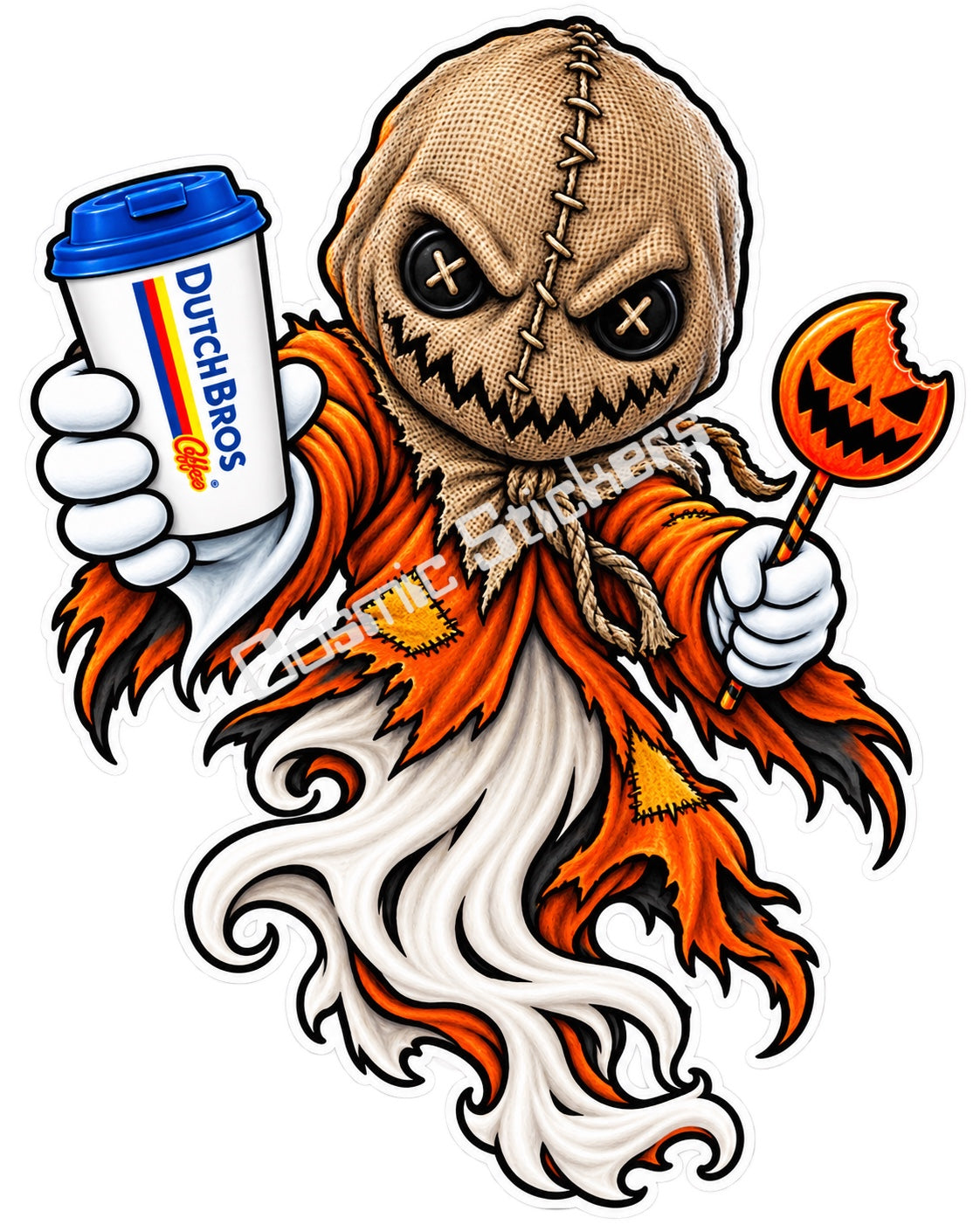 Fan-made burlap scarecrow ghost with hot coffee sticker artwork by Cosmic Stickers