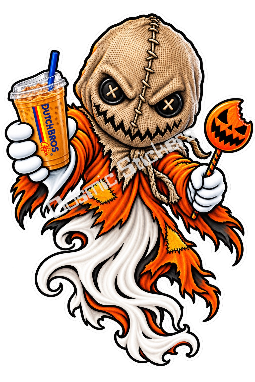 Fan-made burlap scarecrow ghost with iced coffee sticker artwork by Cosmic Stickers